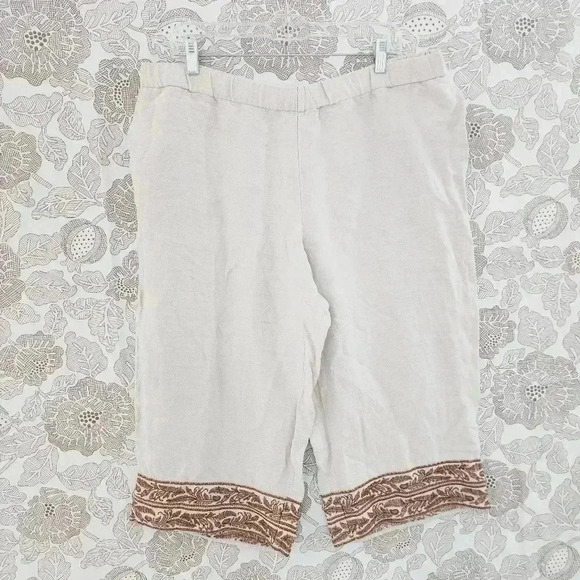 J. Jill Pants - J. jill Linen Blend Leaves Embroidered Hem Women's Capri Pants XLP Beige